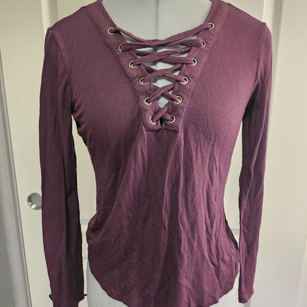 Pink Republic Burgundy Lace-Up Long Sleeve Top